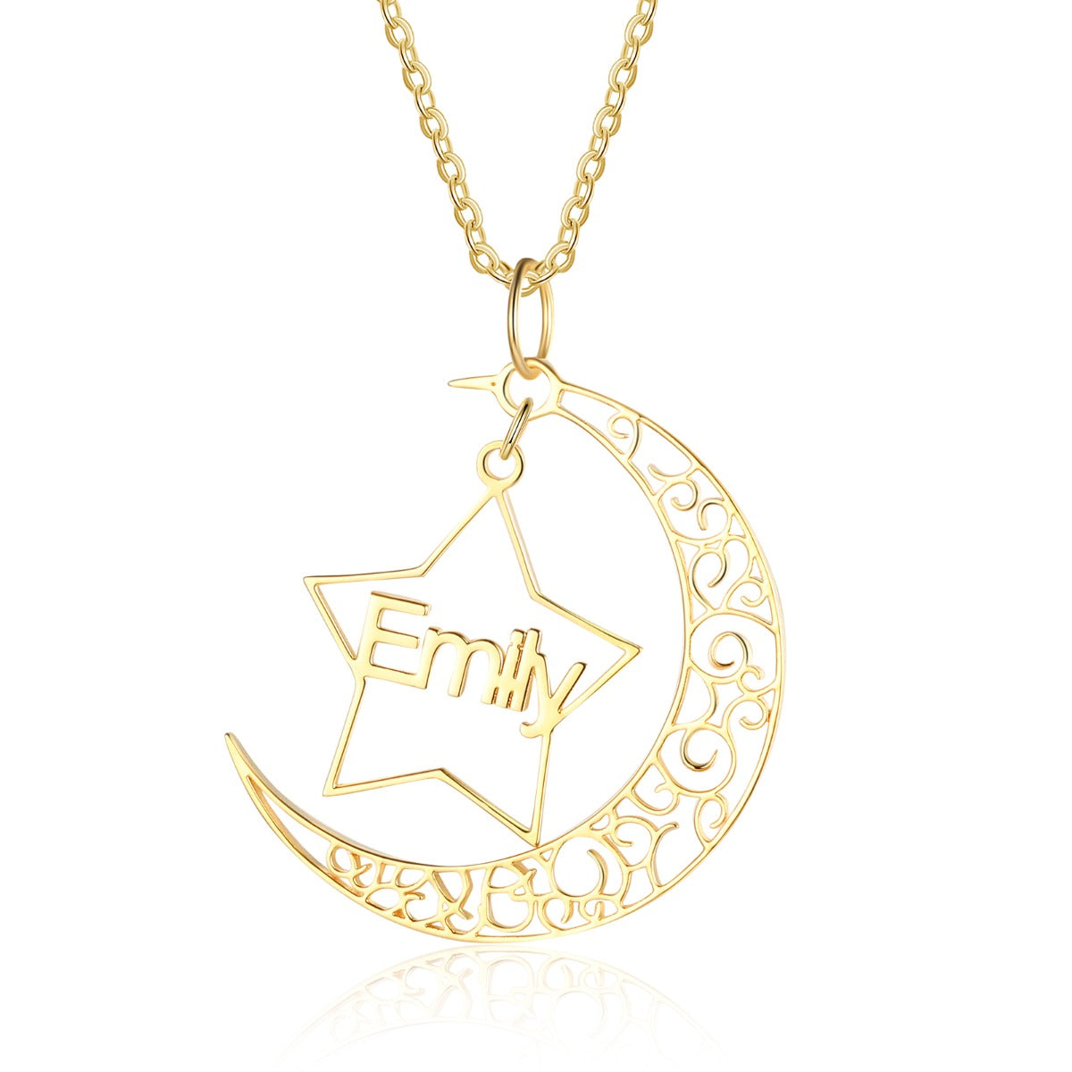 Personalized Rhodium Pated Star Moon Name Necklace