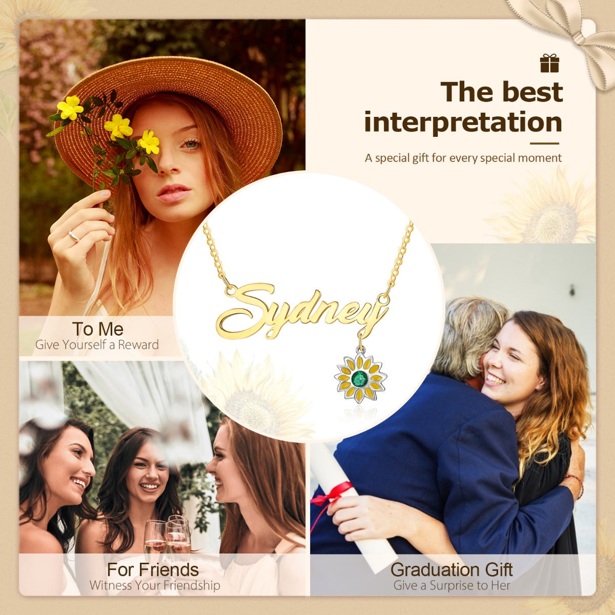 Rhodium Plated Sunflower Name Necklace