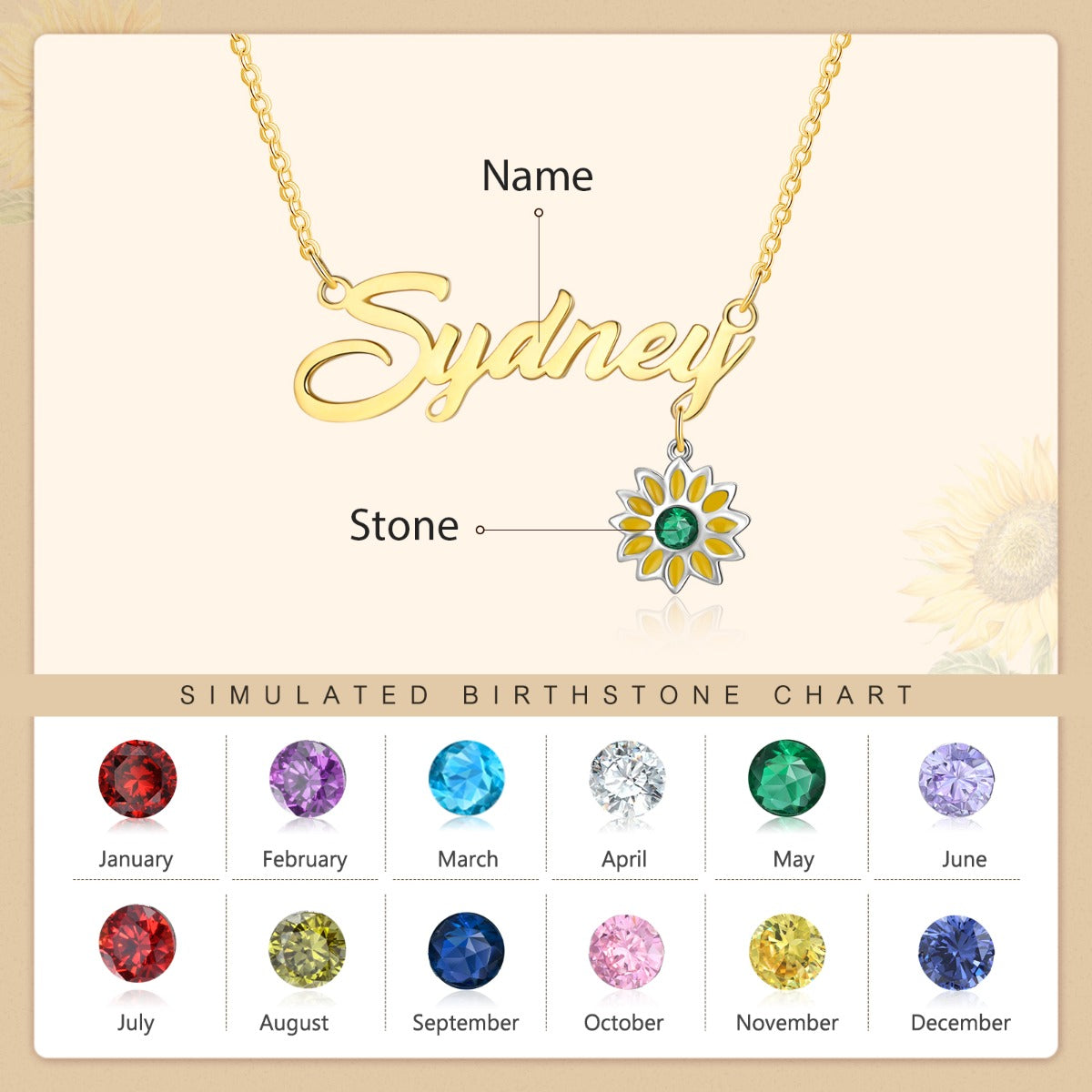 Rhodium Plated Sunflower Name Necklace