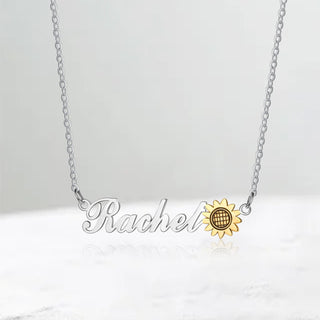 Personalized Rhodium Plated Cuatom Sunflower Name Necklace