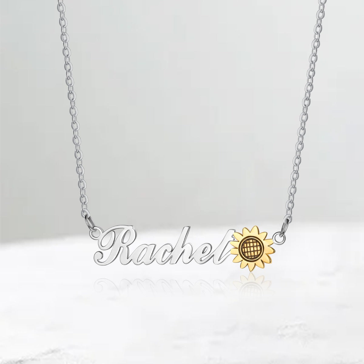 Personalized Rhodium Plated Cuatom Sunflower Name Necklace