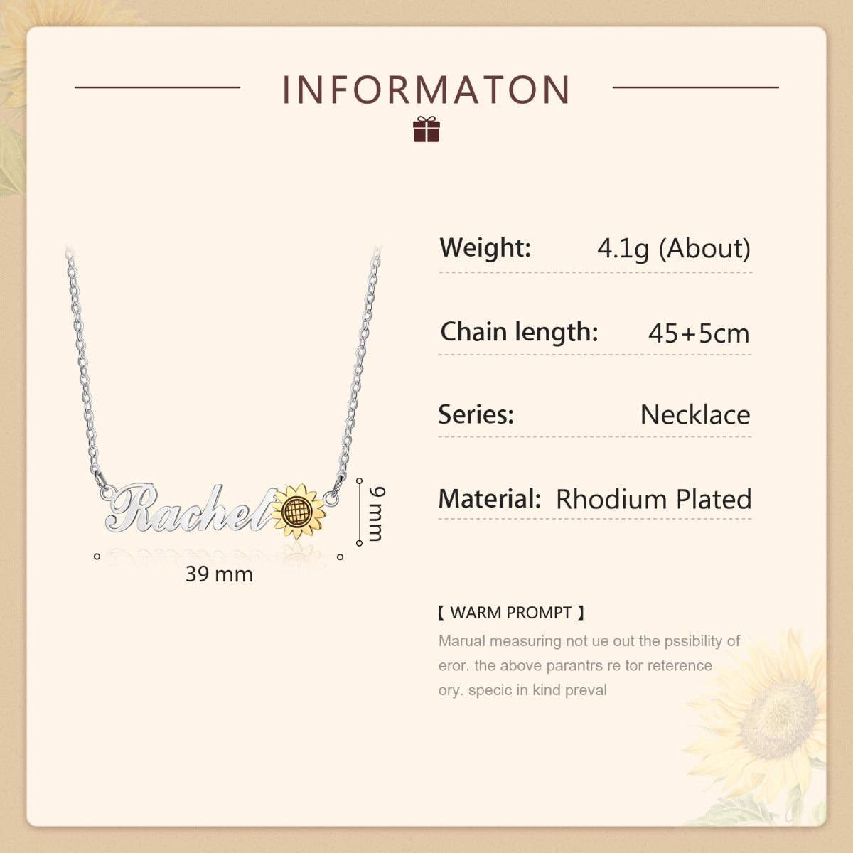 Personalized Rhodium Plated Cuatom Sunflower Name Necklace