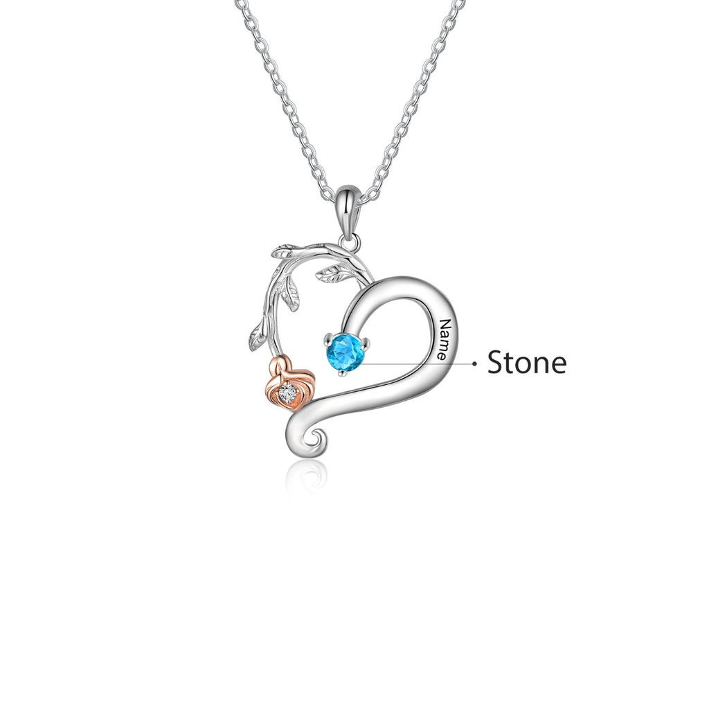 Engraved S925 Silver Rose Flower Heart Shape Pendant Necklace