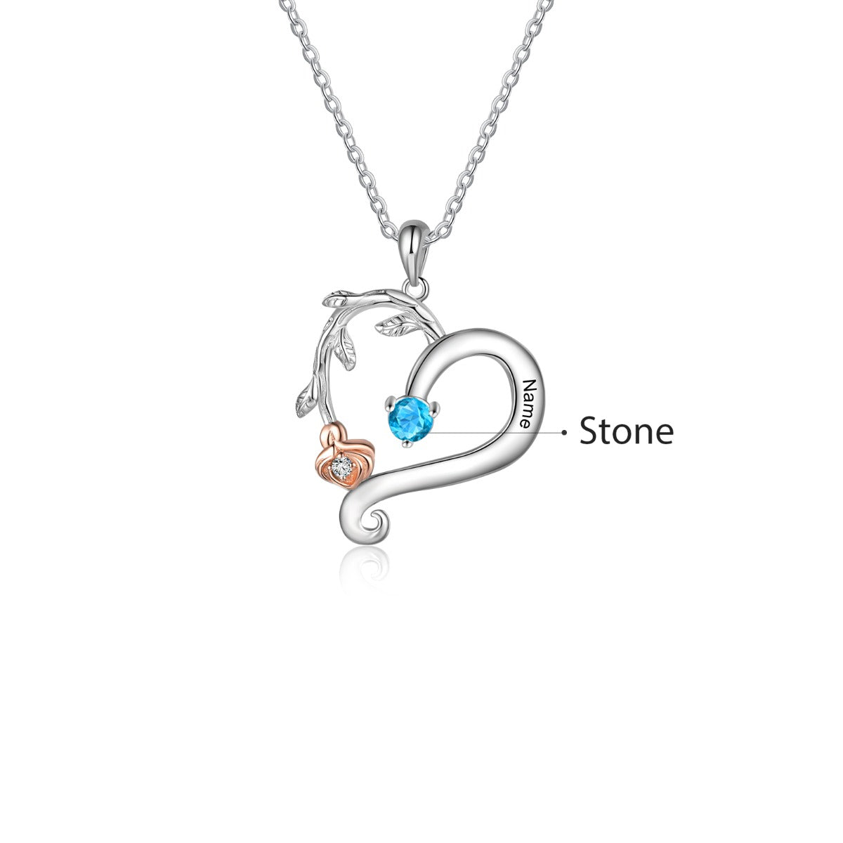 Engraved S925 Silver Rose Flower Heart Shape Pendant Necklace