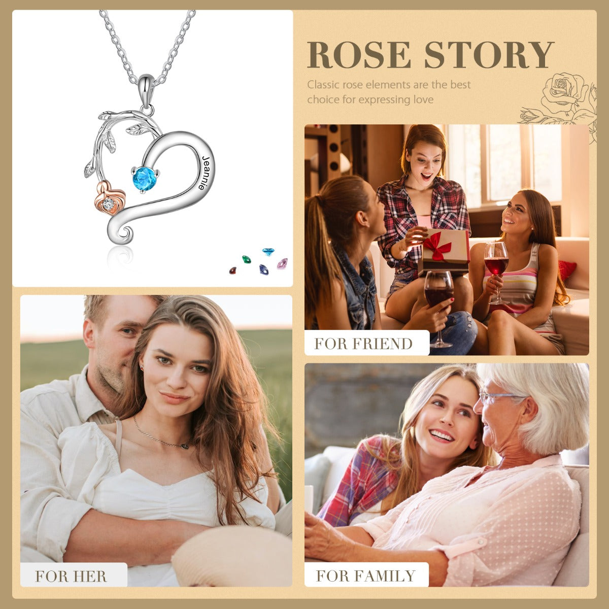 Engraved S925 Silver Rose Flower Heart Shape Pendant Necklace