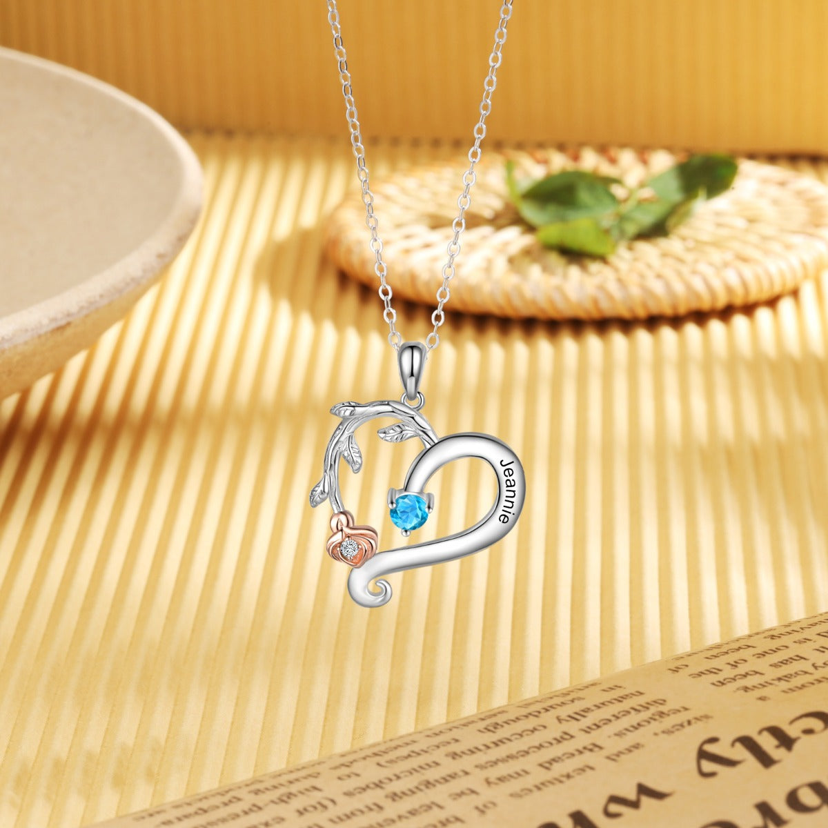 Engraved S925 Silver Rose Flower Heart Shape Pendant Necklace
