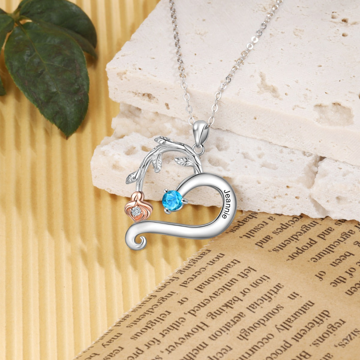 Engraved S925 Silver Rose Flower Heart Shape Pendant Necklace
