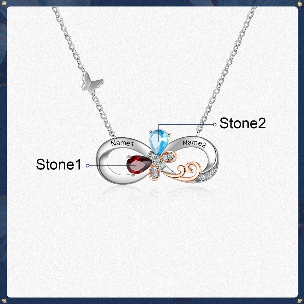 Rhodium Plated Birthstone Infinity Pendant Necklace with Butterfly
