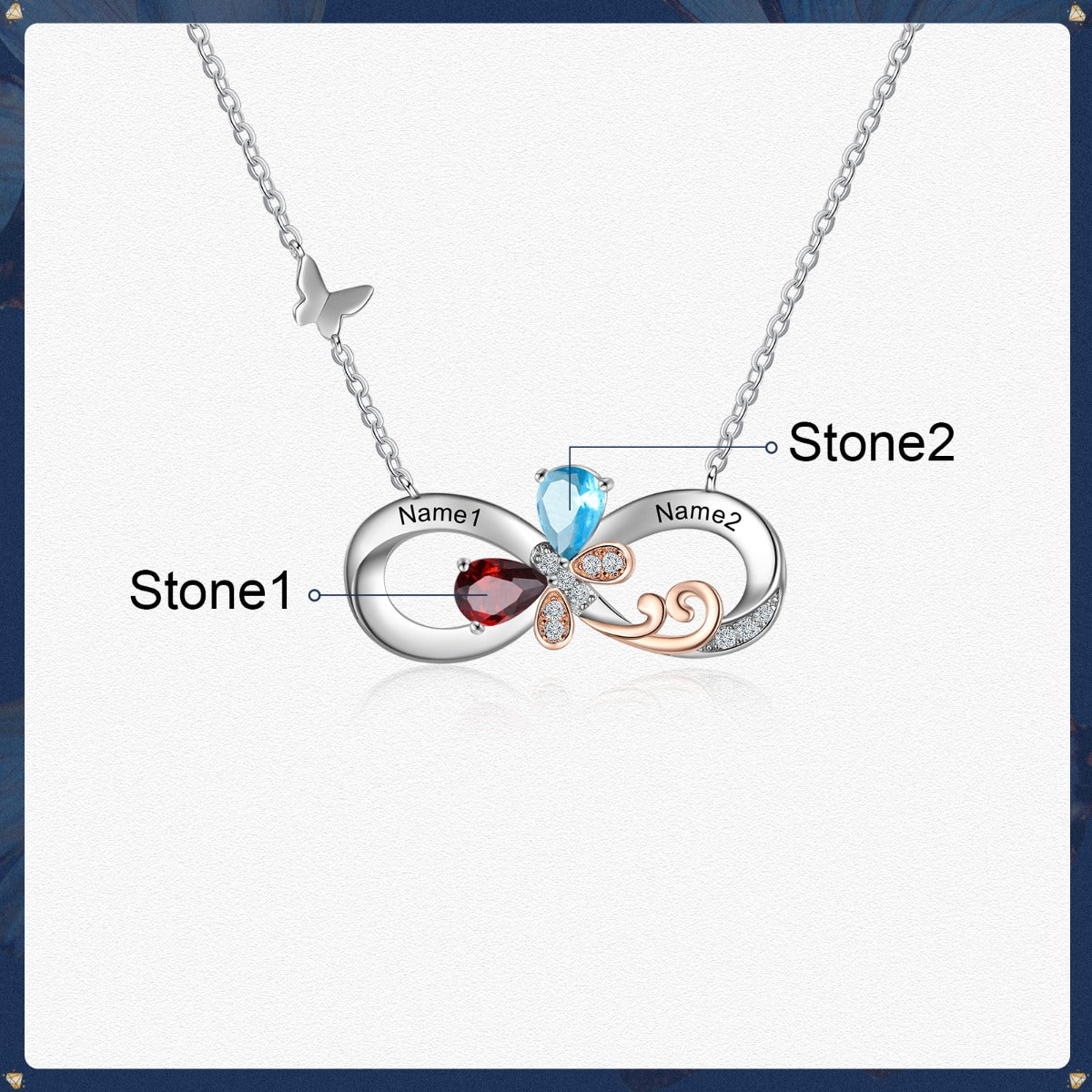 Rhodium Plated Birthstone Infinity Pendant Necklace with Butterfly