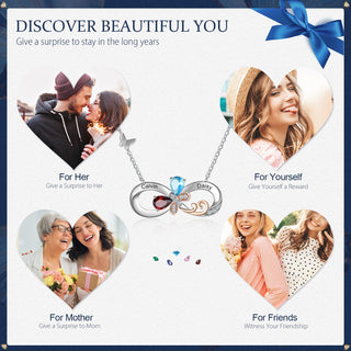 Rhodium Plated Birthstone Infinity Pendant Necklace with Butterfly