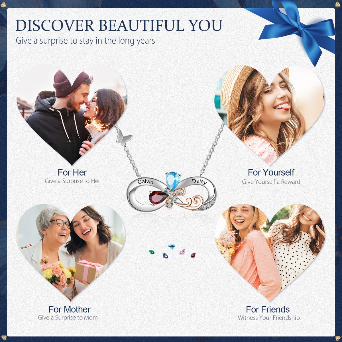 Rhodium Plated Birthstone Infinity Pendant Necklace with Butterfly
