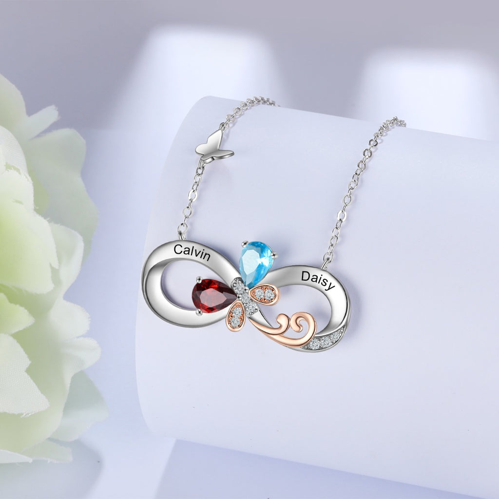 Rhodium Plated Birthstone Infinity Pendant Necklace with Butterfly