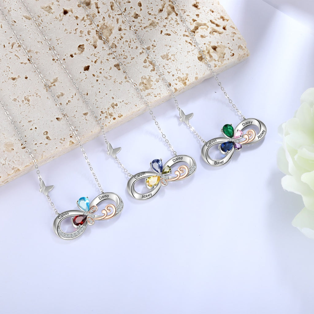 Rhodium Plated Birthstone Infinity Pendant Necklace with Butterfly