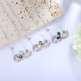 Rhodium Plated Birthstone Infinity Pendant Necklace with Butterfly