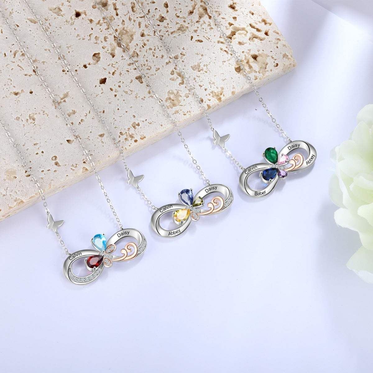 Rhodium Plated Birthstone Infinity Pendant Necklace with Butterfly