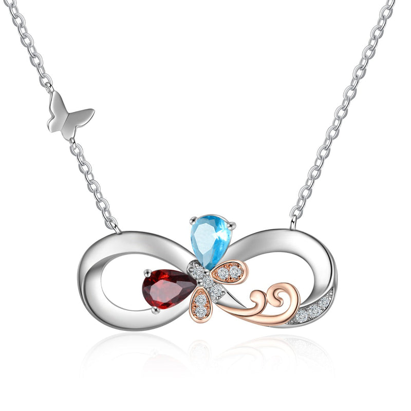 Rhodium Plated Birthstone Infinity Pendant Necklace with Butterfly