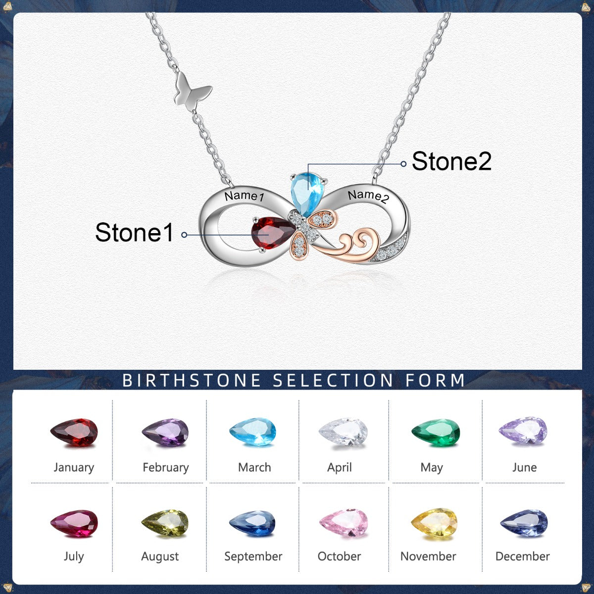 Rhodium Plated Birthstone Infinity Pendant Necklace with Butterfly