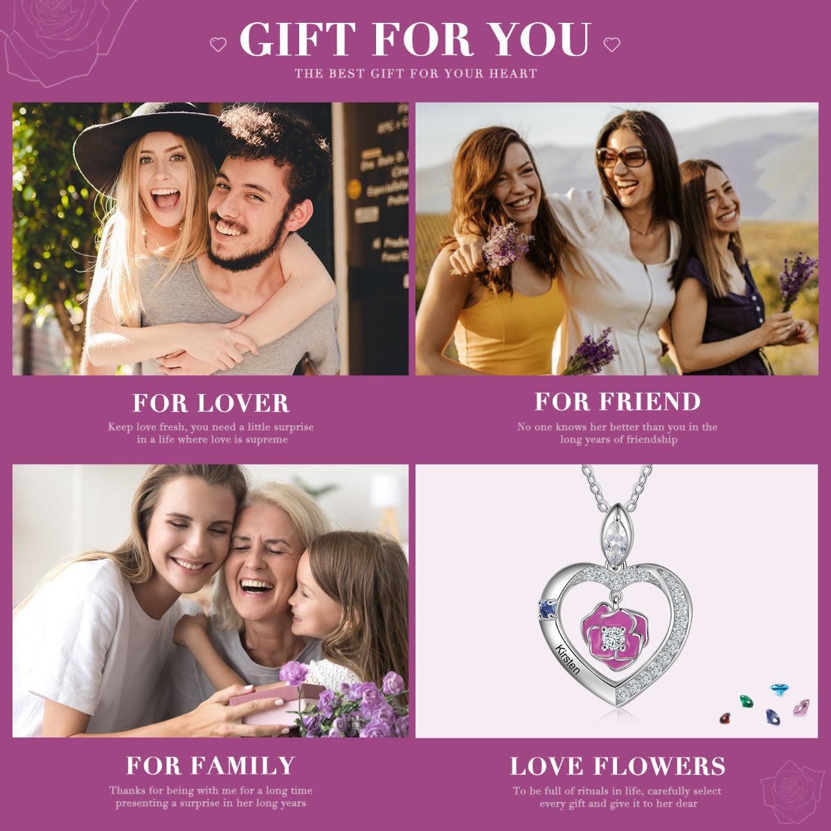 Rhodium Plated Rose Flower Heart Shape Necklace