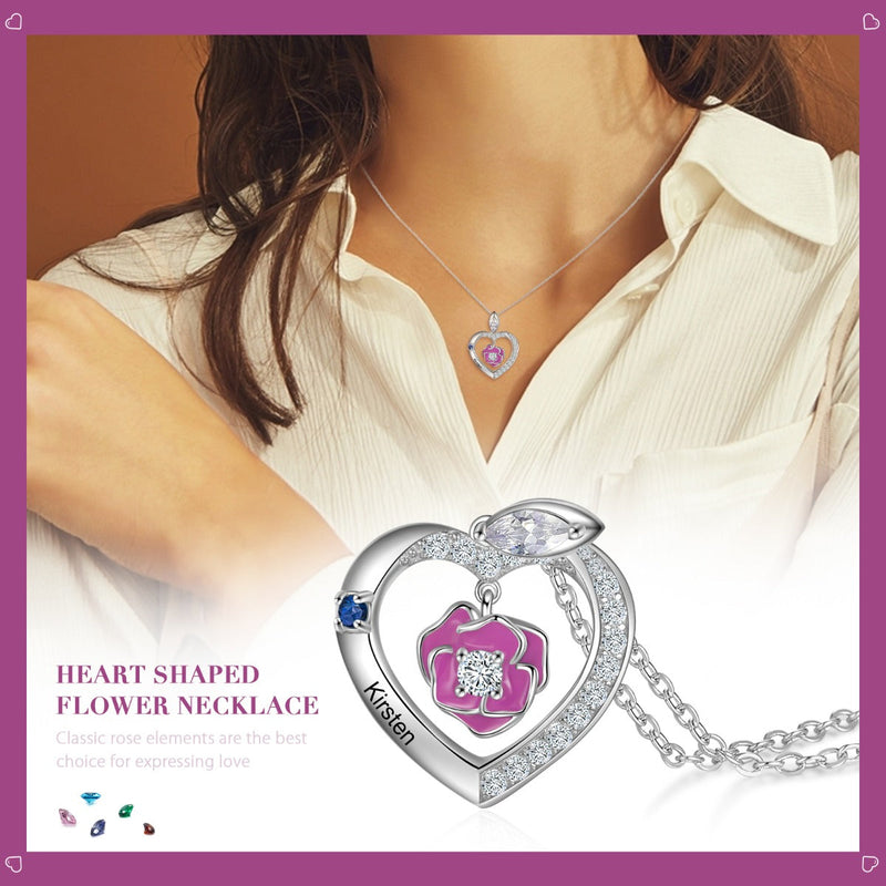 Rhodium Plated Rose Flower Heart Shape Necklace