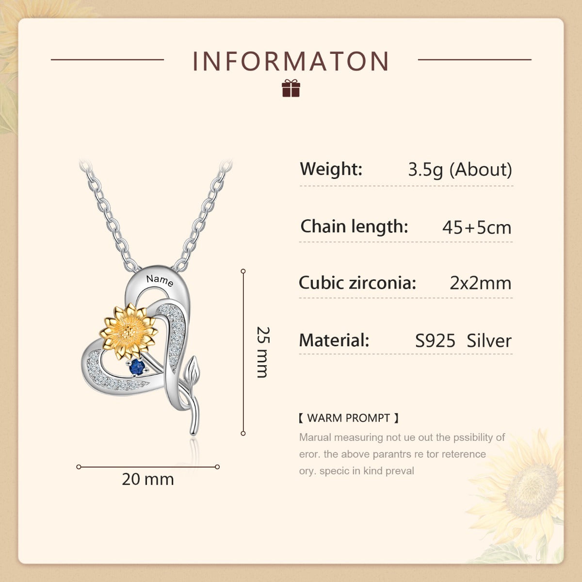 S925 Silver Sunflower Heart Shape Pendant Necklace
