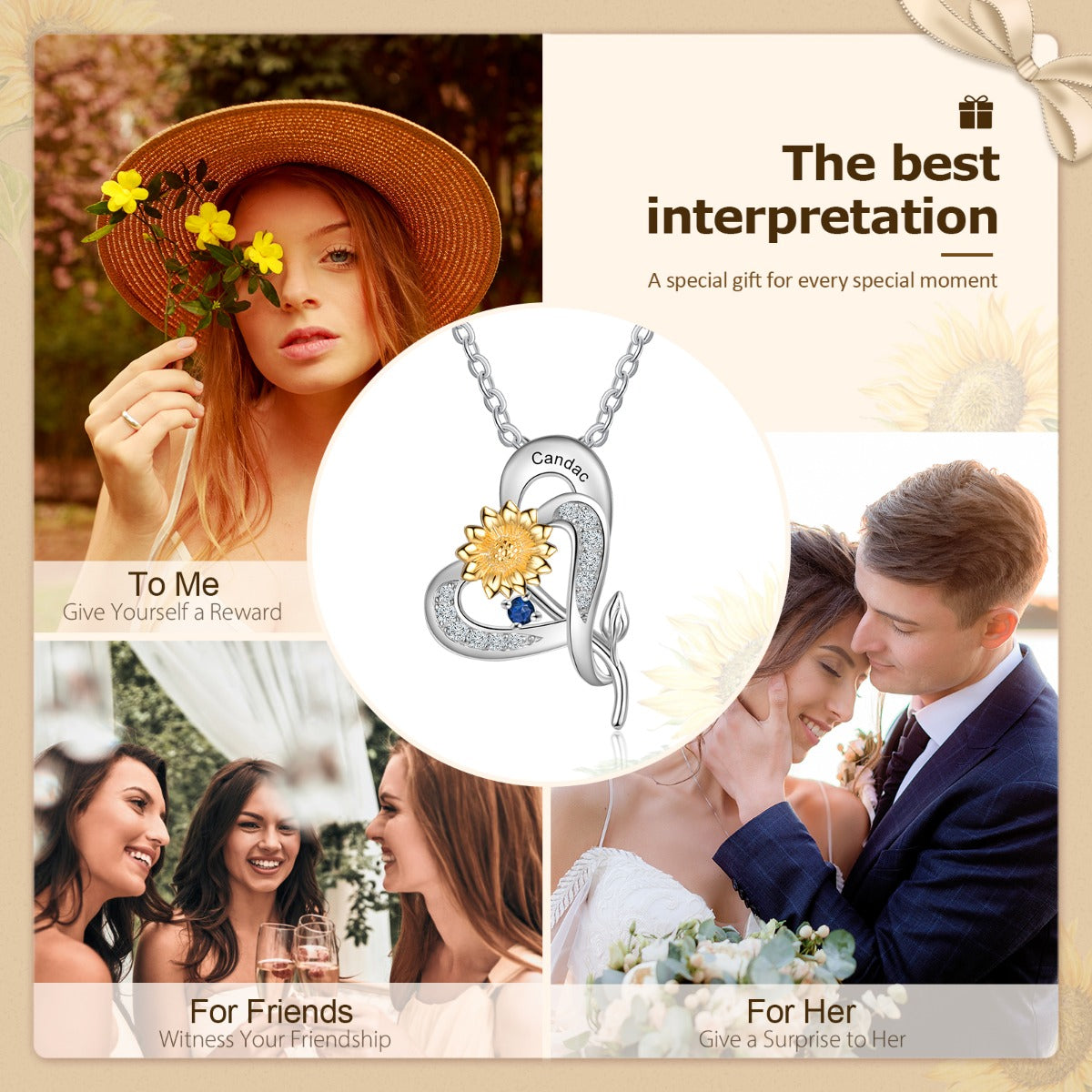 S925 Silver Sunflower Heart Shape Pendant Necklace