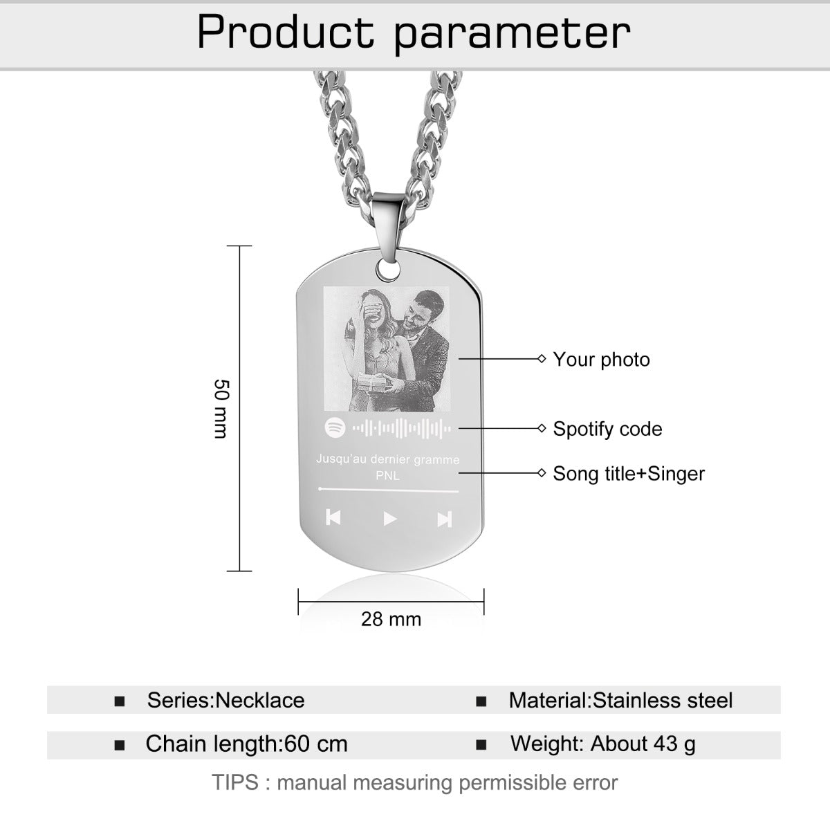 Personalized Stainless Steel Spotify Code Photo Necklace