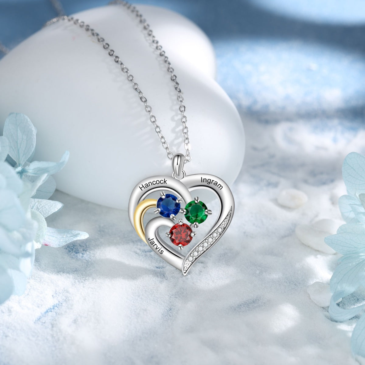 Personalized Rhodium Plated Birthstone Heart Pendant Necklace
