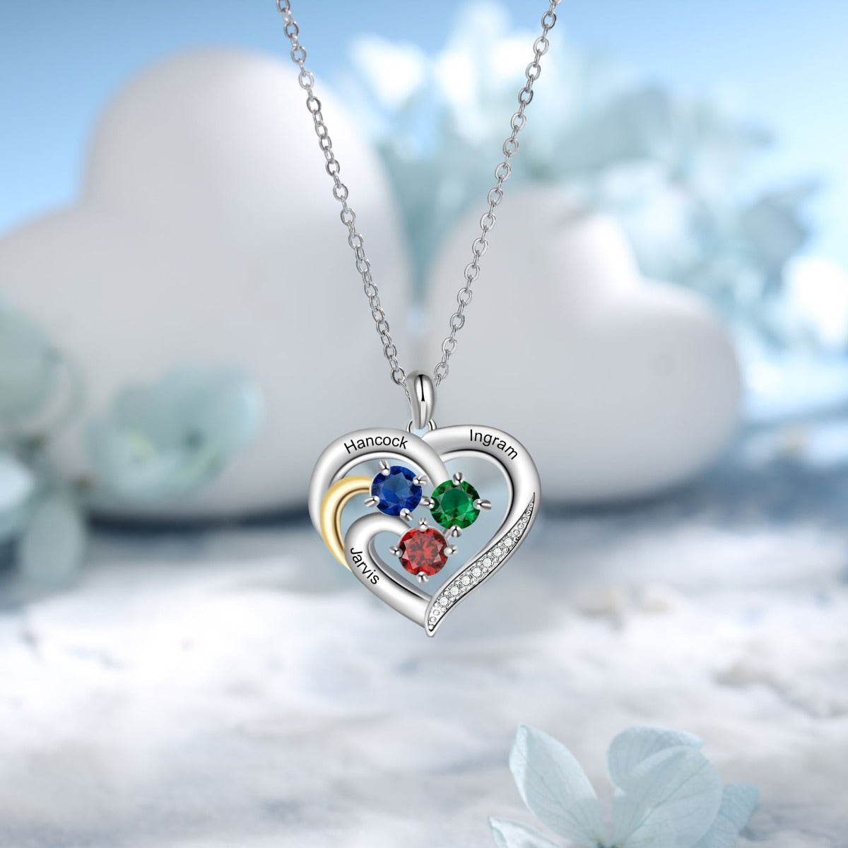 Personalized Rhodium Plated Birthstone Heart Pendant Necklace