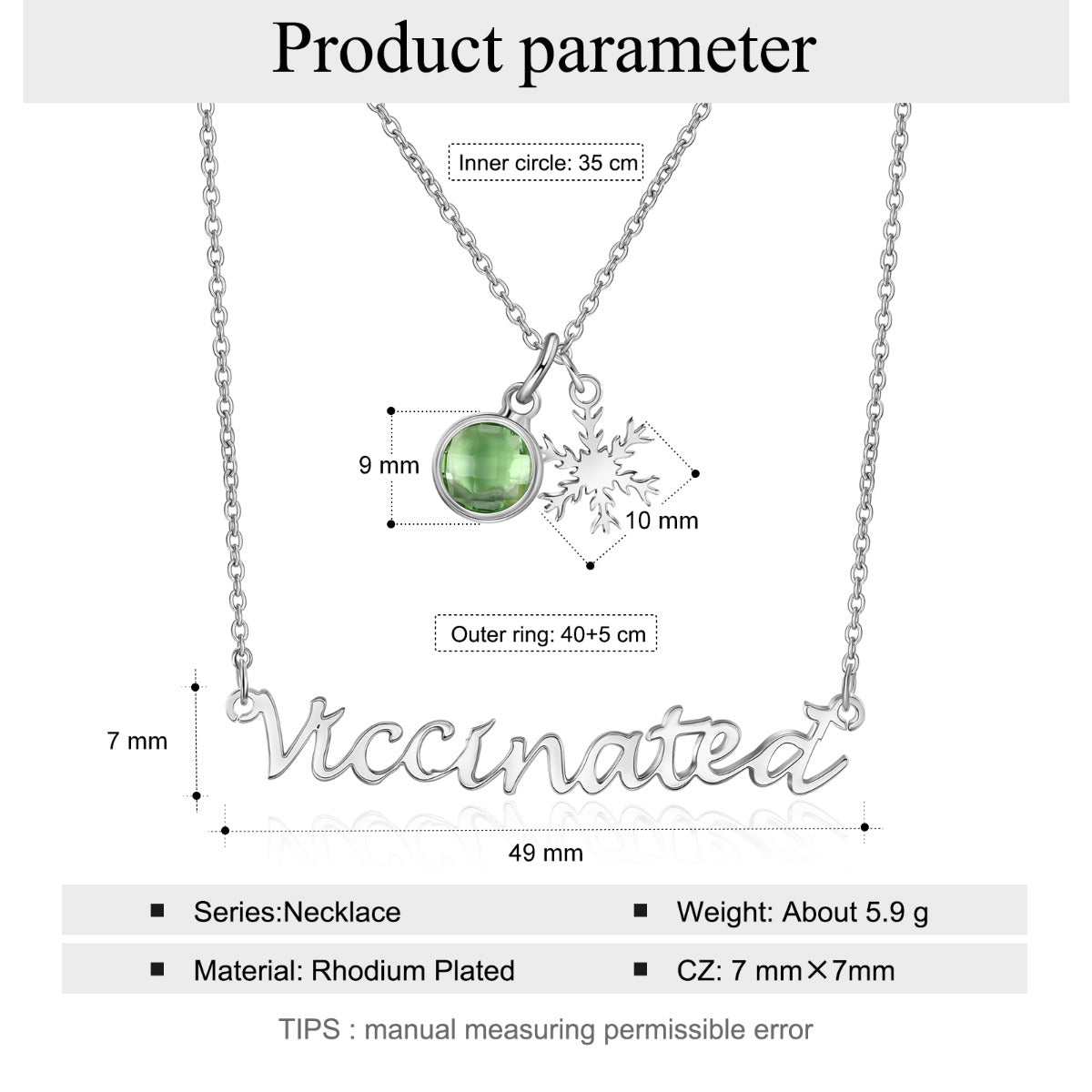 Rhodium Plated Vaccination Name Necklace
