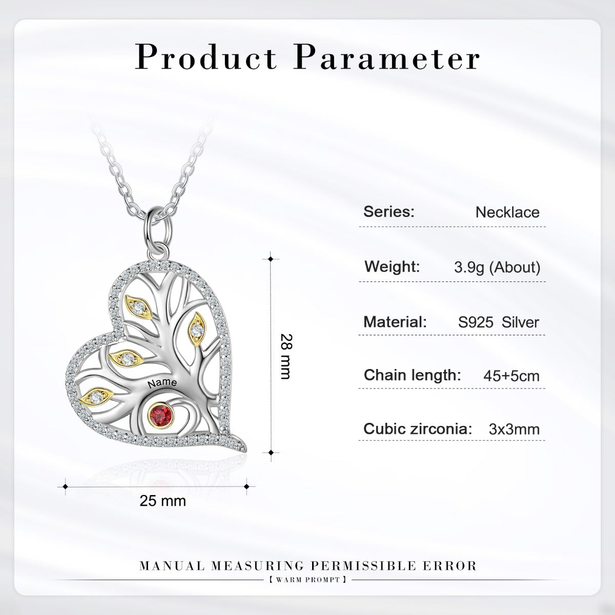 925 Sterling Silver Heart Necklace with Birthstone