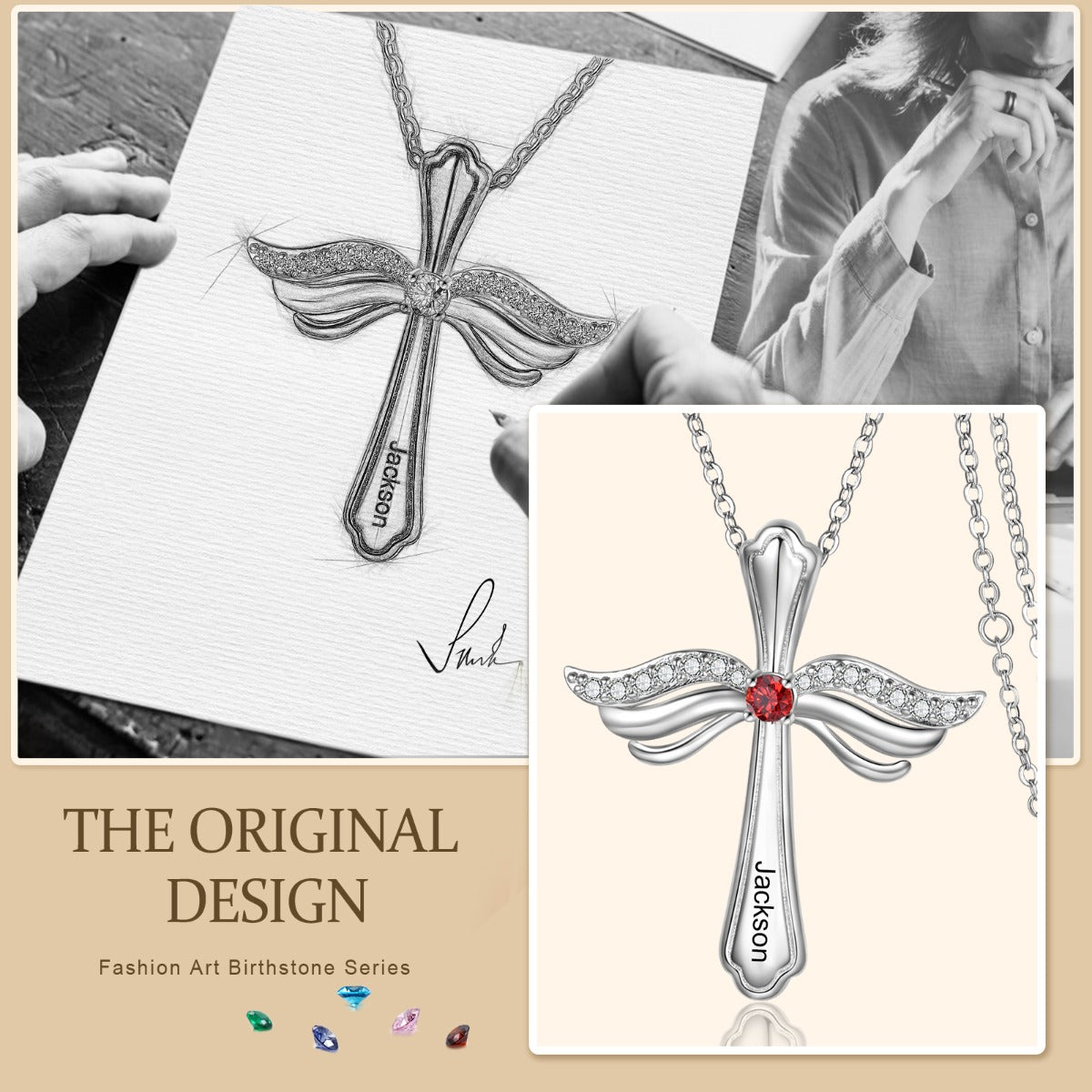 Engraved Rhodium Plated Cross Necklace