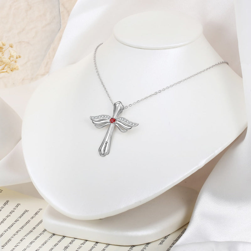 Engraved Rhodium Plated Cross Necklace
