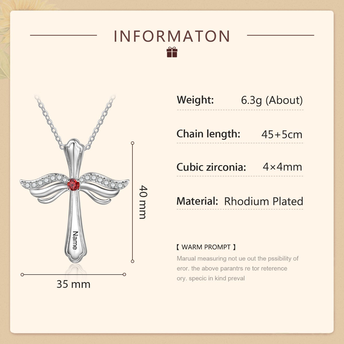Engraved Rhodium Plated Cross Necklace