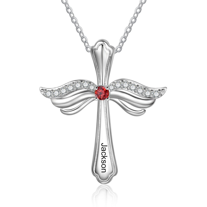 Engraved Rhodium Plated Cross Necklace