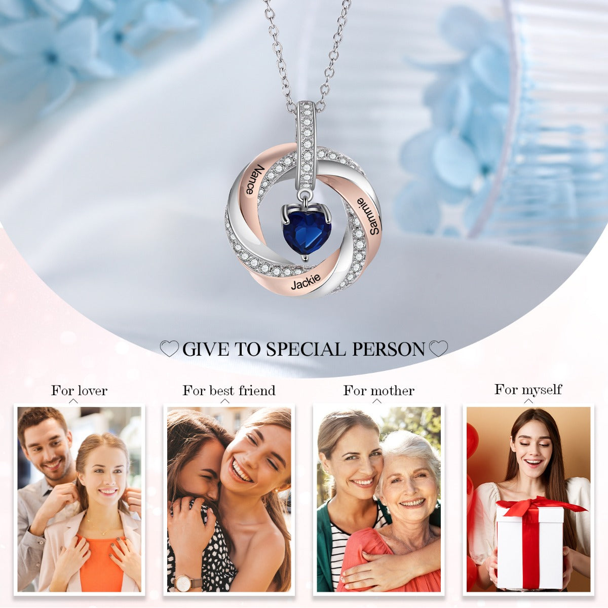 Personalized Heart Birthstone Circle Pendant Necklace