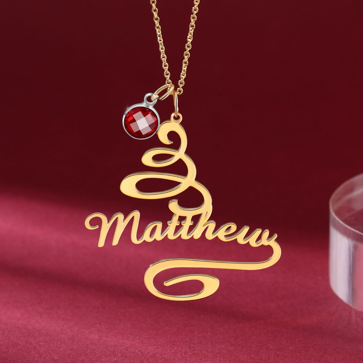 Stainless Steel Christmas Tree Birthstone Name Necklace