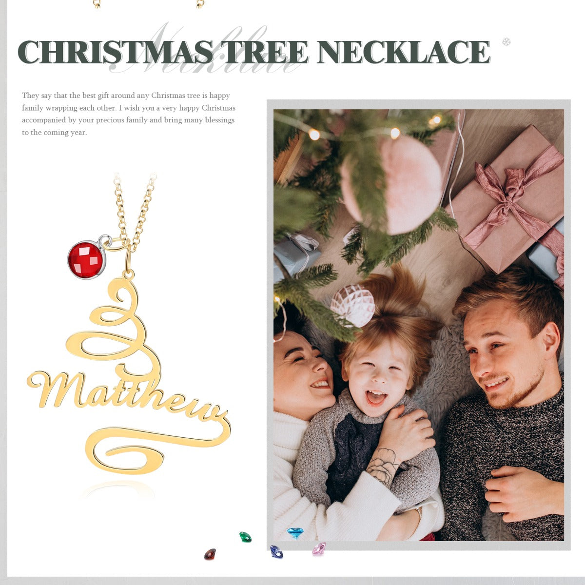 Stainless Steel Christmas Tree Birthstone Name Necklace