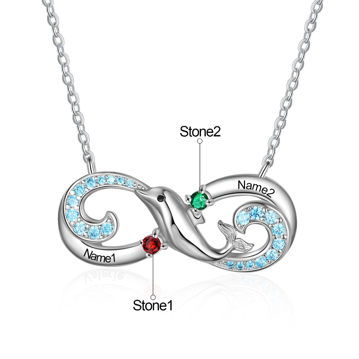 Personalized Rhodium Plated Infinity Dolphin Pendant Necklace