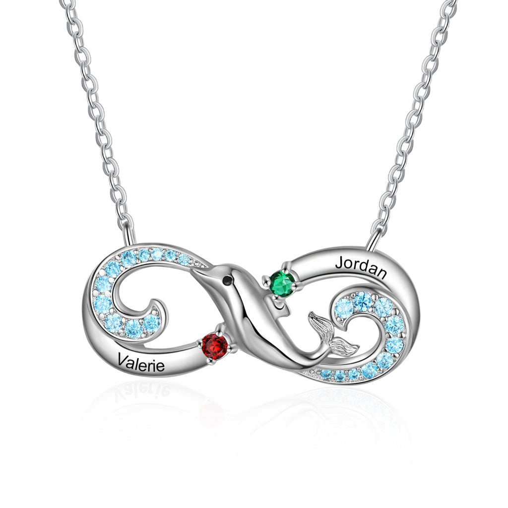 Personalized Rhodium Plated Infinity Dolphin Pendant Necklace