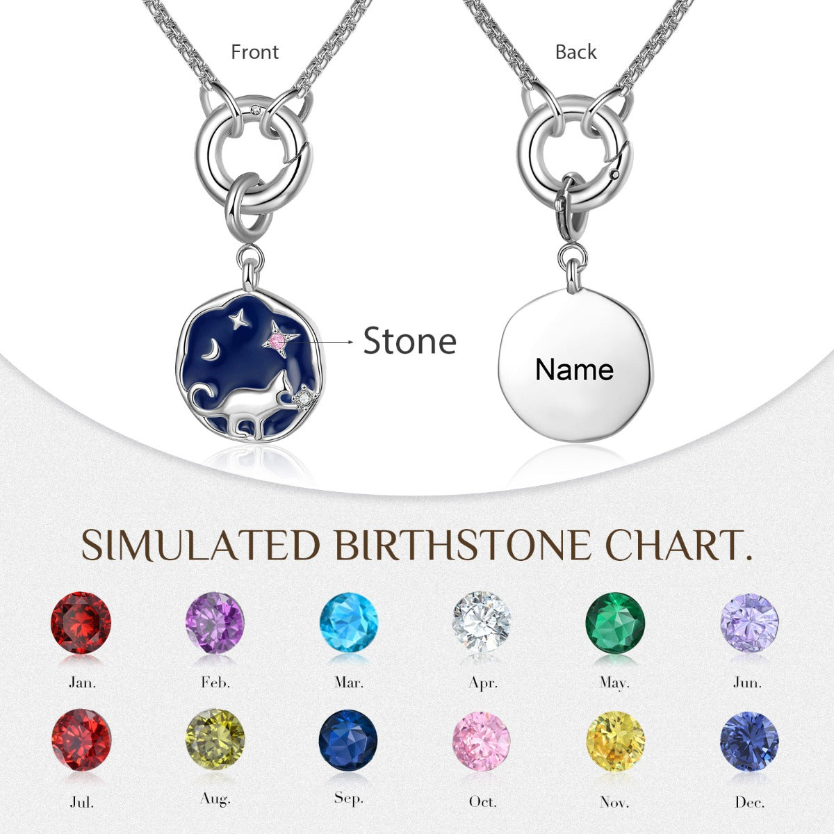 Personalized Alloy Birthstone Animal Cat Pendant Necklace