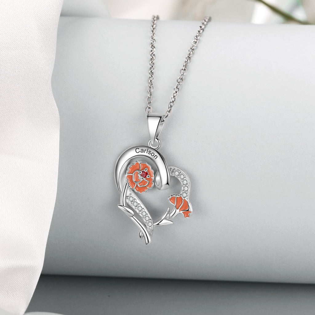 Copper Custom Heart Pendant Necklace with Birthflower