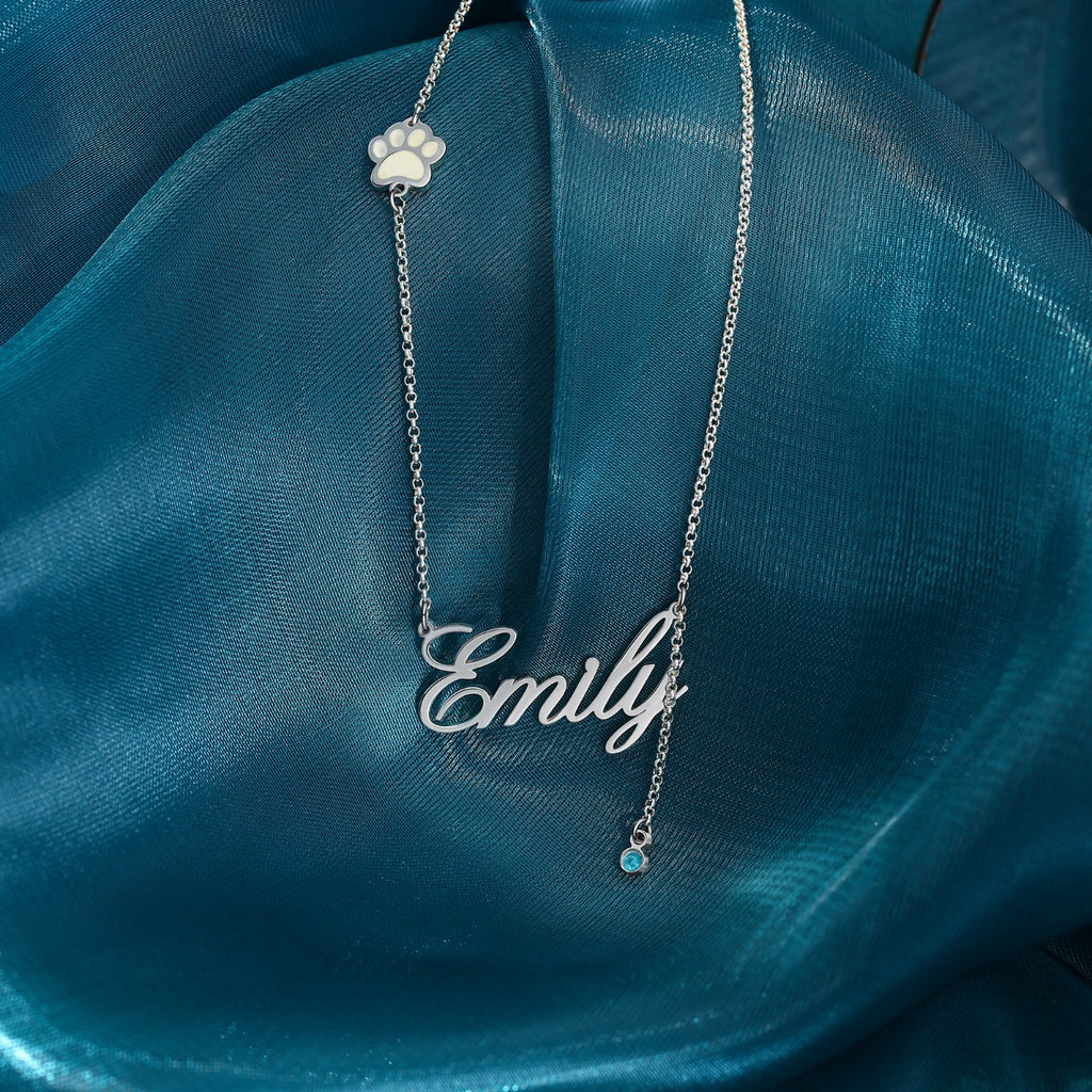 Personalized Rhodium Plated Paw Name Necklace