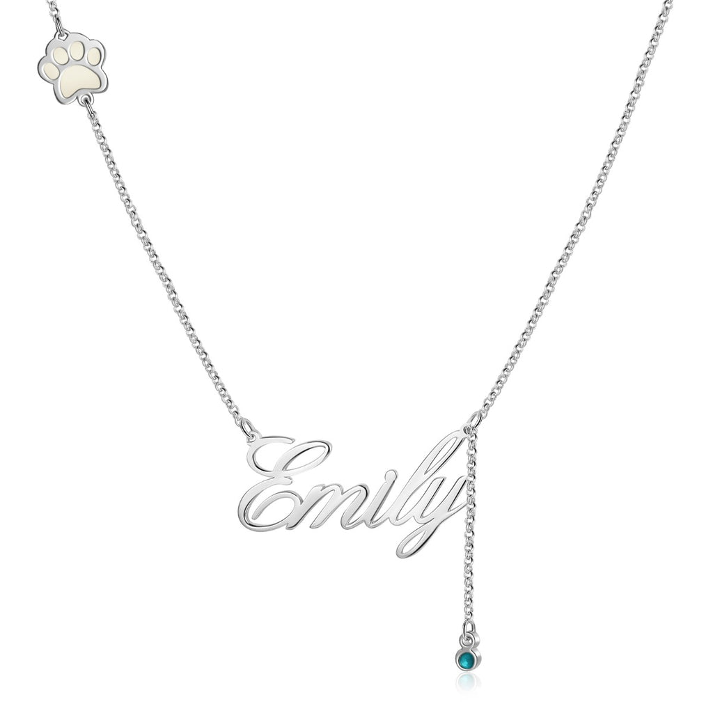 Personalized Rhodium Plated Paw Name Necklace