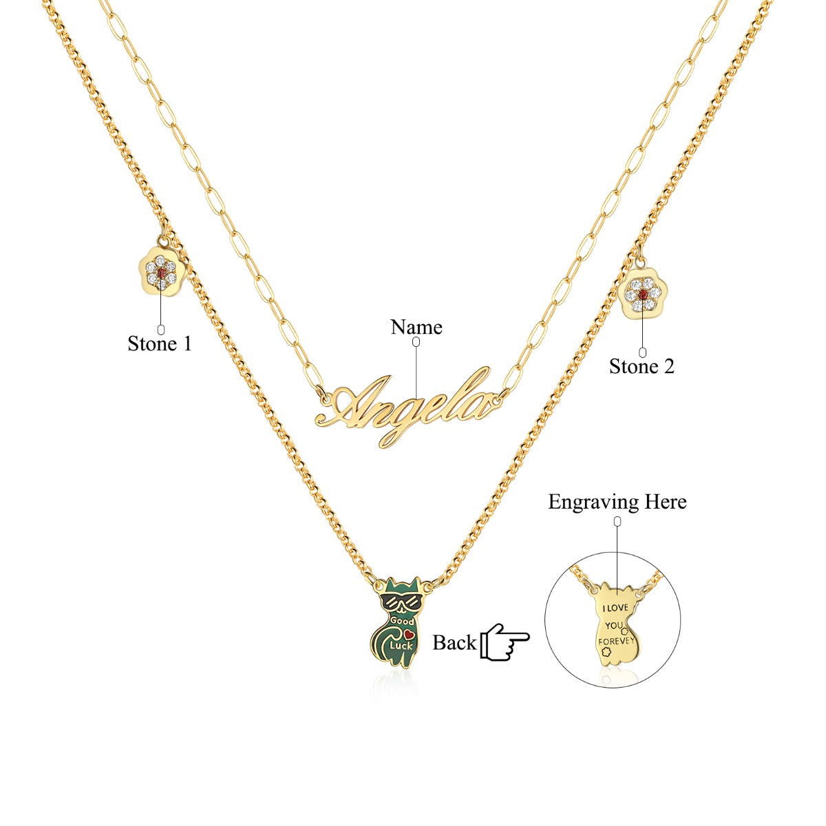 Rhodium Plated Cat Name Necklace