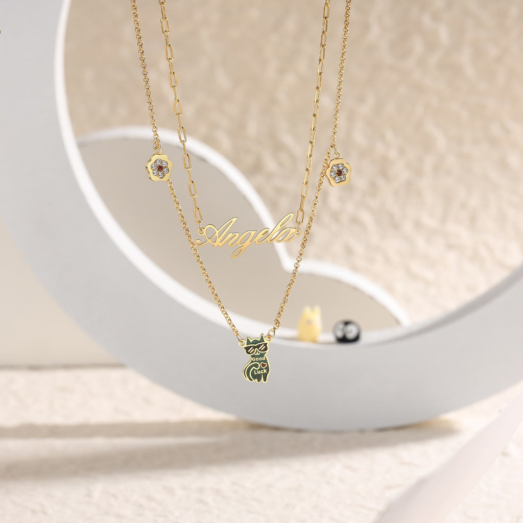 Rhodium Plated Cat Name Necklace