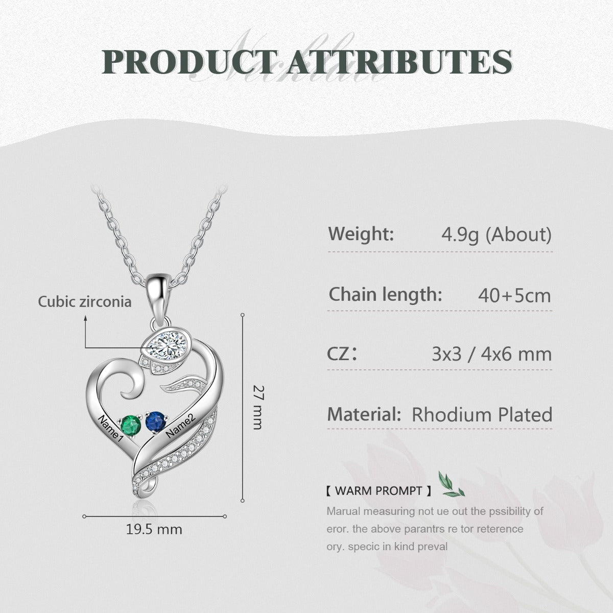 Birthstone & Engraved Rhodium plated Necklace