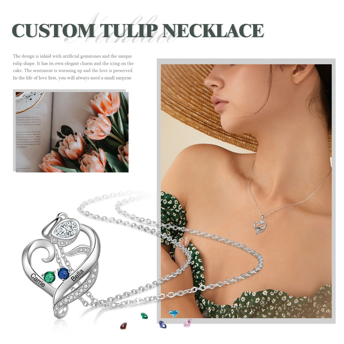 Birthstone & Engraved Rhodium plated Necklace