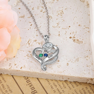 Birthstone & Engraved Rhodium plated Necklace