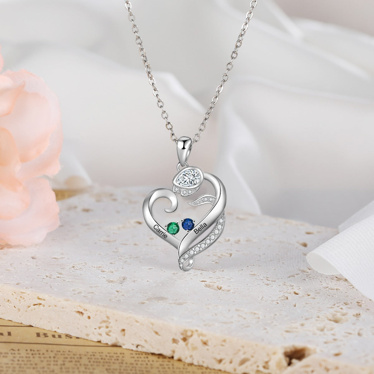 Birthstone & Engraved Rhodium plated Necklace