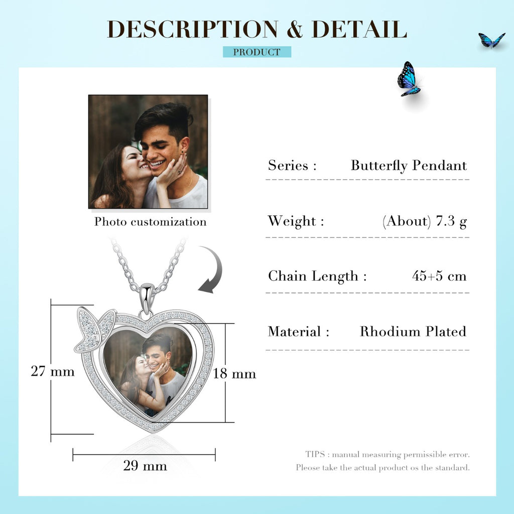 Personalized Rhodium Plated Butterfly Heart Shape Necklace